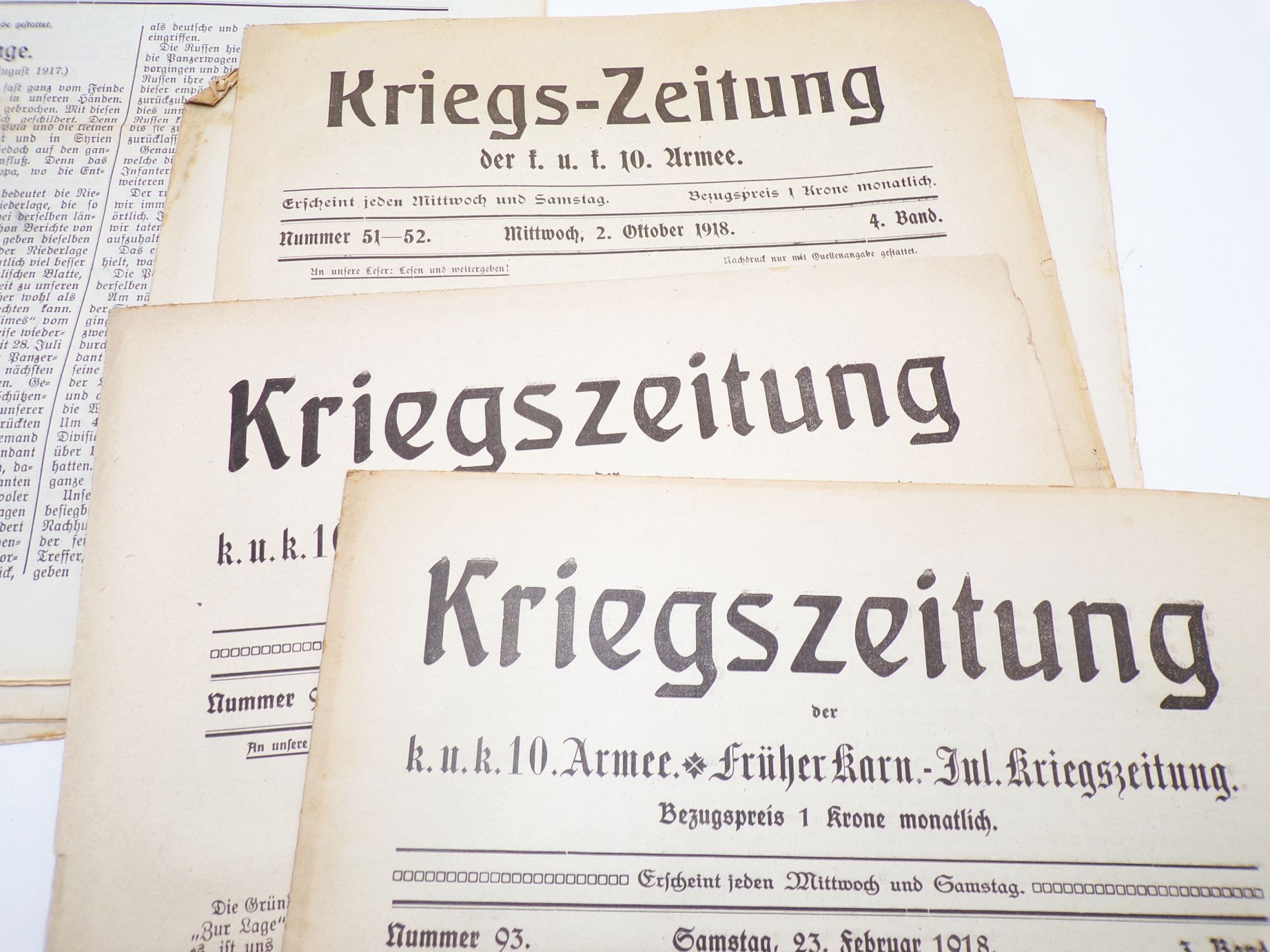 Kriegszeitung der kuk 10 Armee 1918 Konvolut 1 Weltkrieg Zeitung