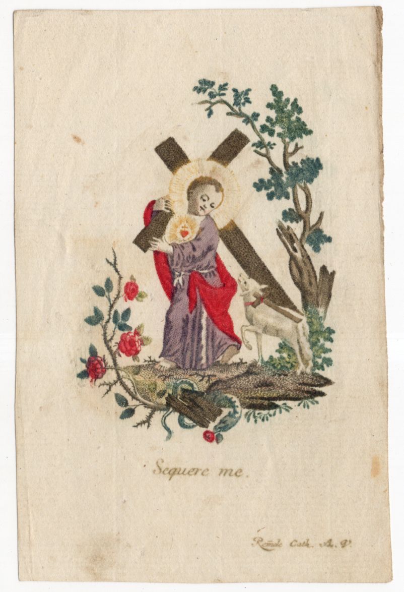 Altes Heiligenbild Jesus mit Kreuz und Schaf Sequere me um 1800 holy card