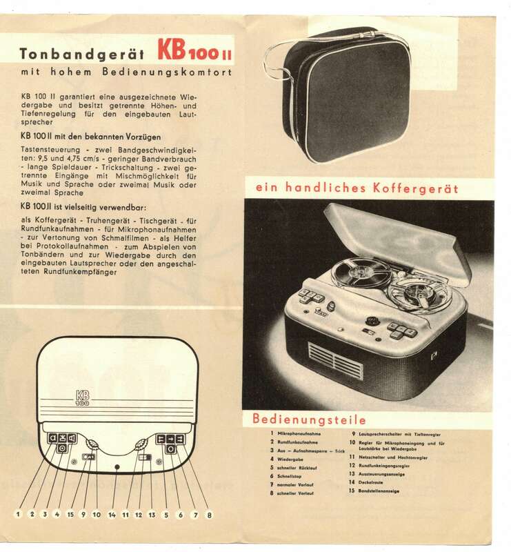 Faltblatt Tonbandgerät KB 100 II VEB Fernmeldewerk Leipzig 1960 DDR
