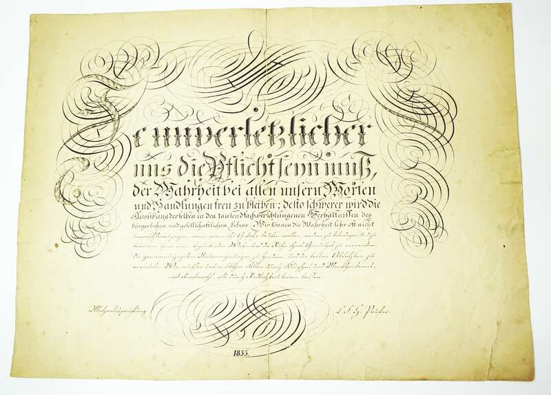 Handschriftliche Schnörkel Urkunde Michaelis Prüfung Kommunion 1855 Dekorativ 