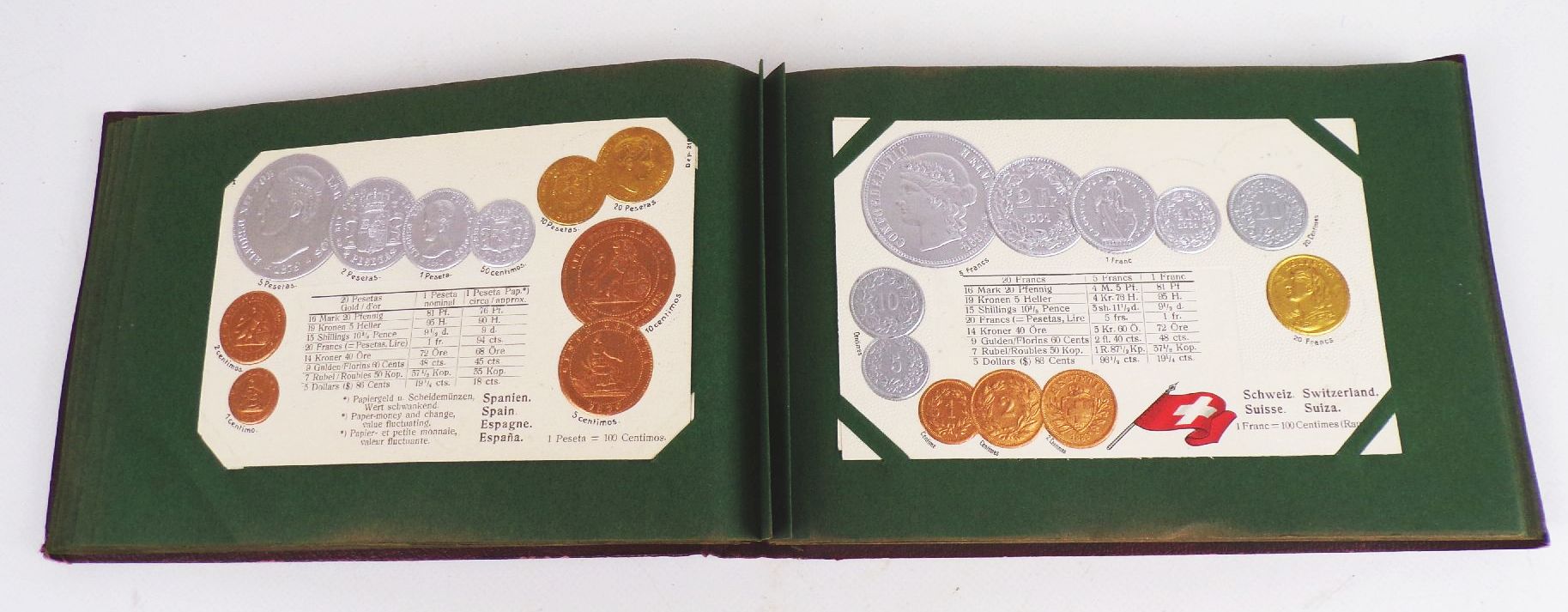 Geldsorten aller Länder Postkartenalbum Geld Münz Ansichtskarten um 1910 Rarität 45 Präge Ansichtskarten