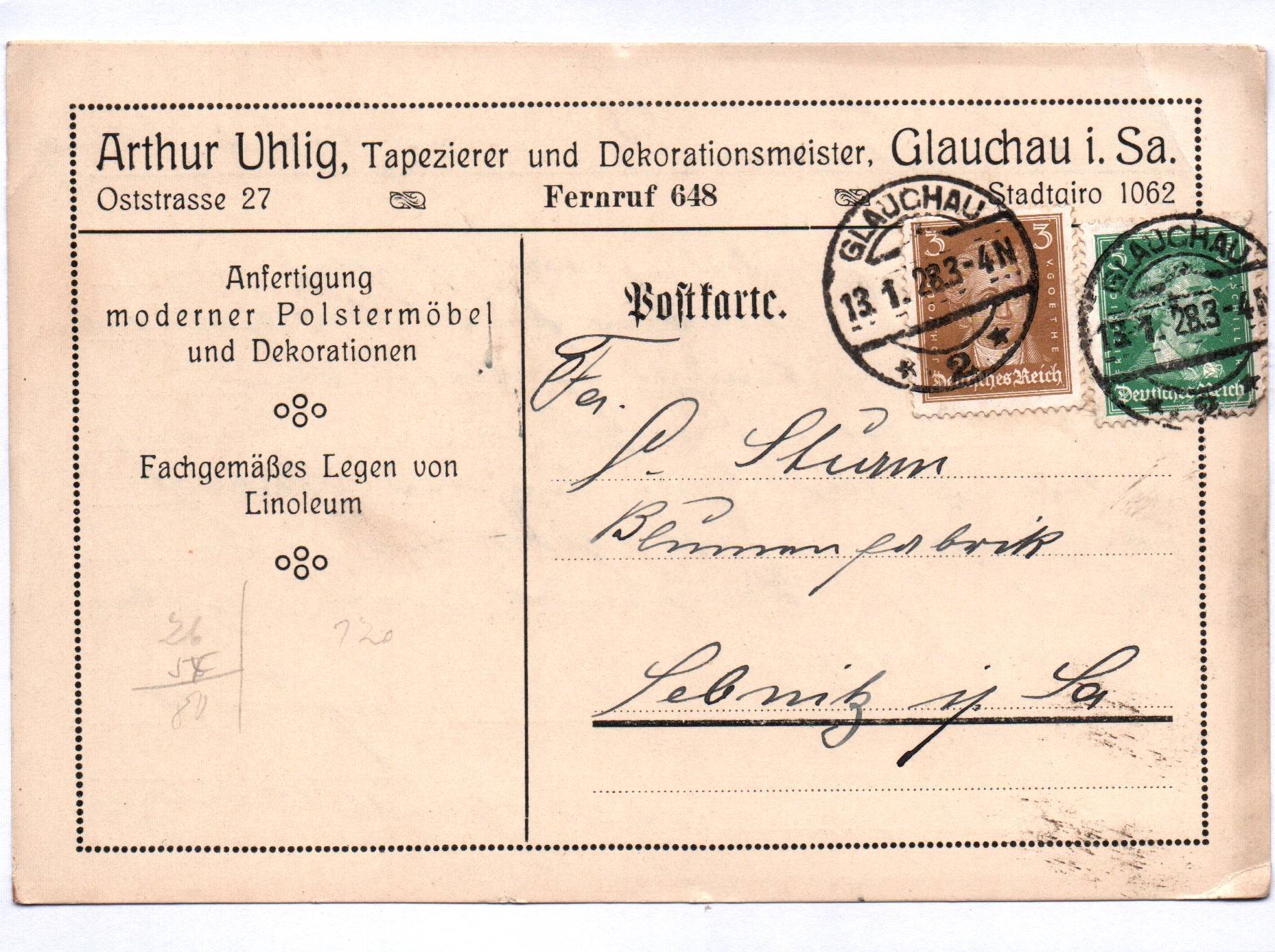 Postkarte Arthur Uhlig Tapezierer und Dekorationsmeister Glauchau in Sachsen 1928 Postkarte Arthur Uhlig Tapezierer und Dekorationsmeister Glauchau in Sachsen 1928