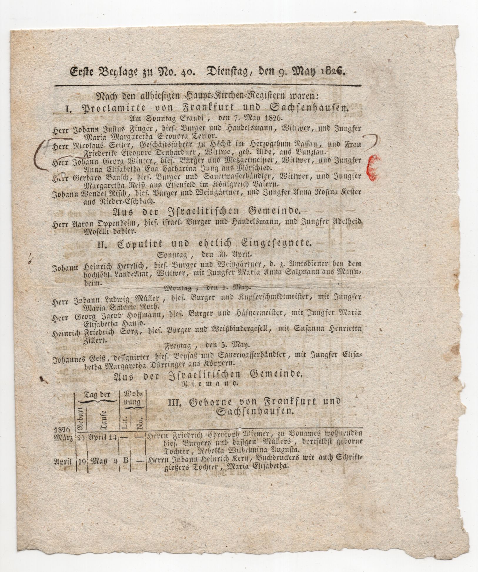 Beilage 1826 Kirchenregister Frankfurt Sachsenhausen 