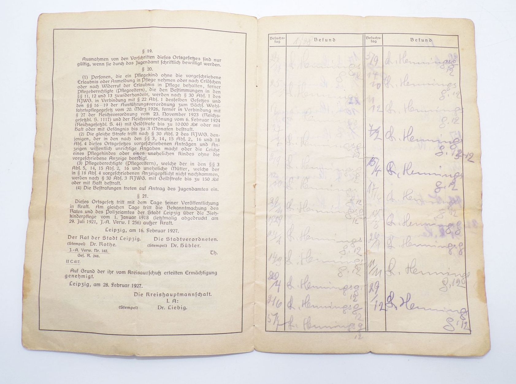 Pflegebuch Jugendamt Leipzig Schutz der Pflegekinder 1928 Pflegebuch Jugendamt Leipzig Schutz der Pflegekinder 1928