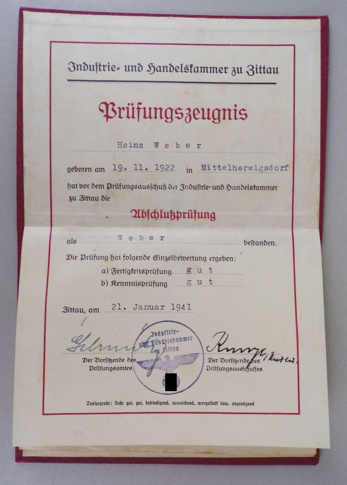 Weber Prüfungszeugnis Zittau 1941 Mittelherwigsdorf Geburtsschein historische Dokumente Weber Prüfungszeugnis Zittau 1941 Mittelherwigsdorf Geburtsschein historische Dokumente