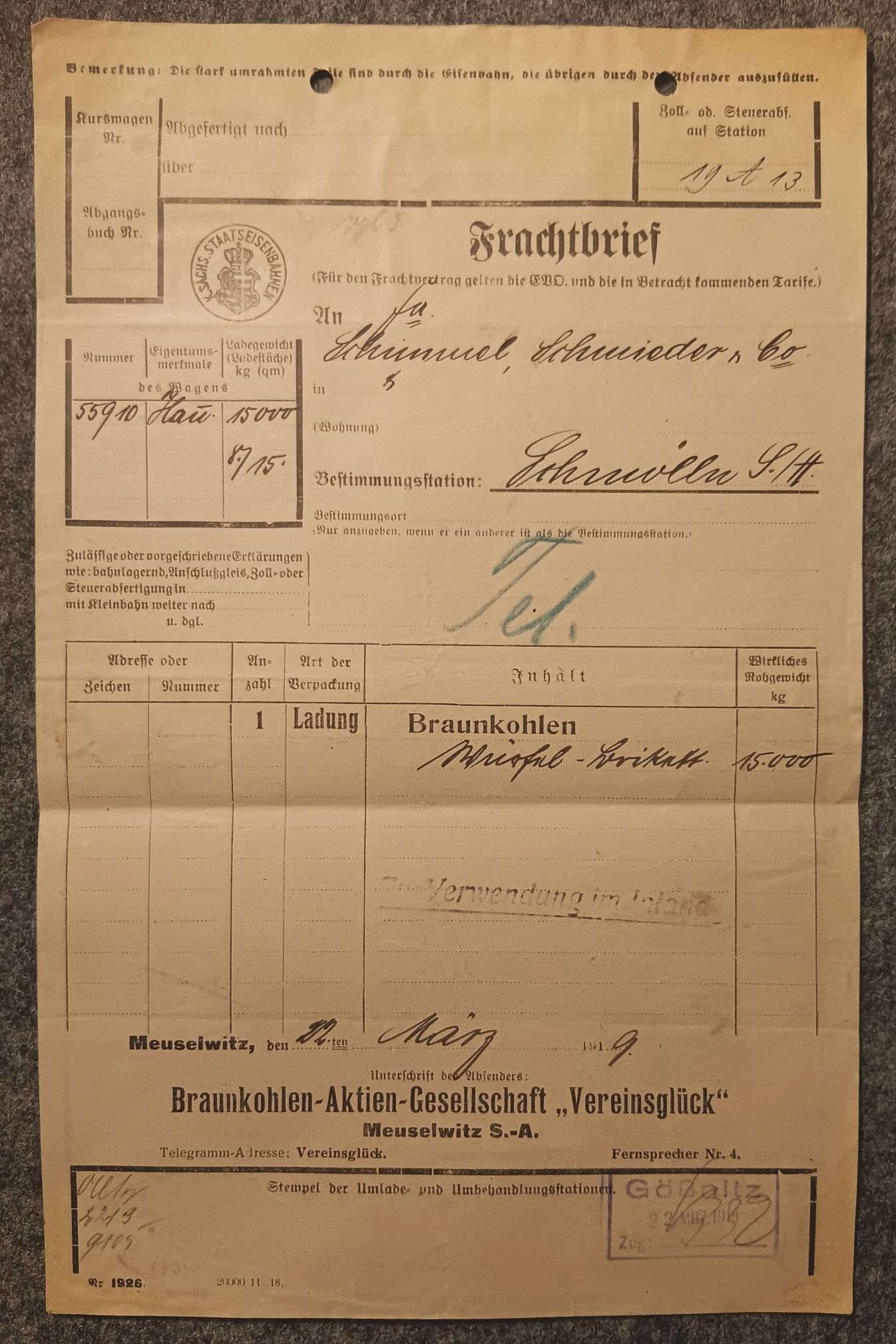 Frachtbrief mit Marken 1919 Braunkohlen Aktiengesellschaft Meuselwitz nach Schmölln
