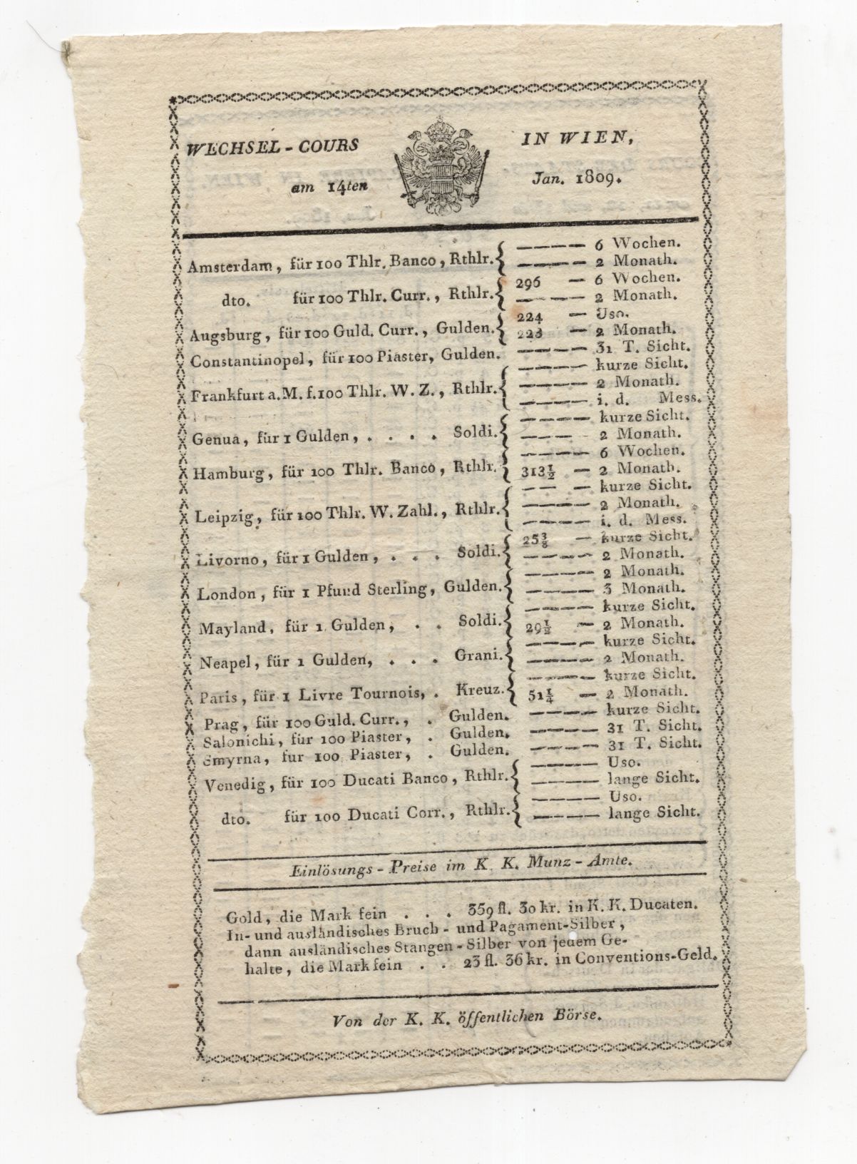 Dokument Wechselkurs Wien 14 Januar 1809