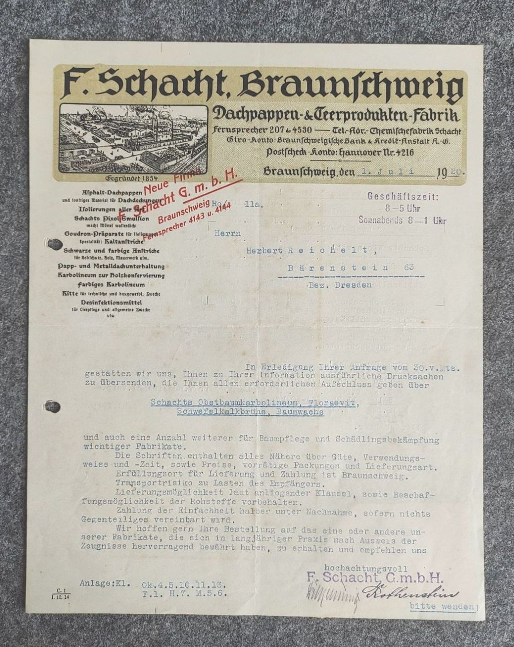 Schacht Braunschweig Dachpappen Teerprodukte Fabrik Dokument 1920 Schacht Braunschweig Dachpappen Teerprodukte Fabrik Dokument 1920
