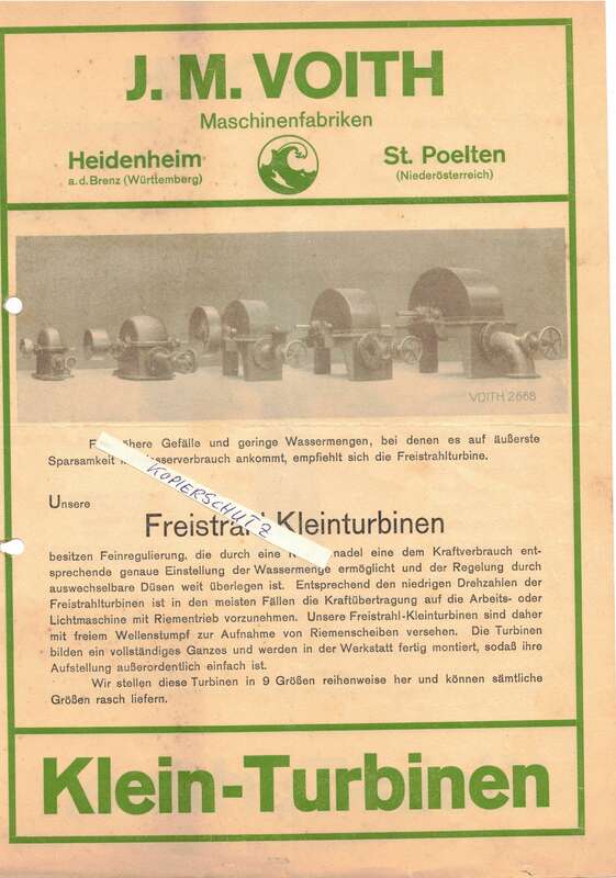 Werbeblatt J.M. Voith Maschinenfabrik Heidenheim St.Poelten 1925 Turbine