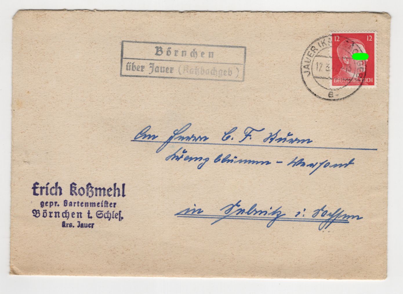 Firmen Brief Börnchen über Jauer Katzbachgebirge Stempel Schlesien 1942 