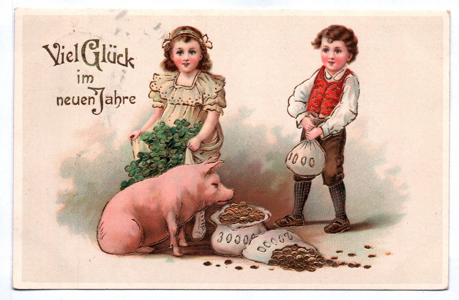 Künstler Ak Viel Glück im neuen Jahre 1914 Junge Mädchen mit Schwein