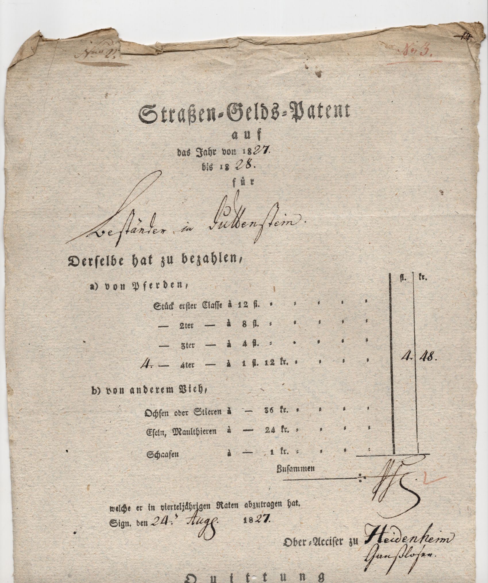Dokument Heidenheim Straßengeld Patent 1828