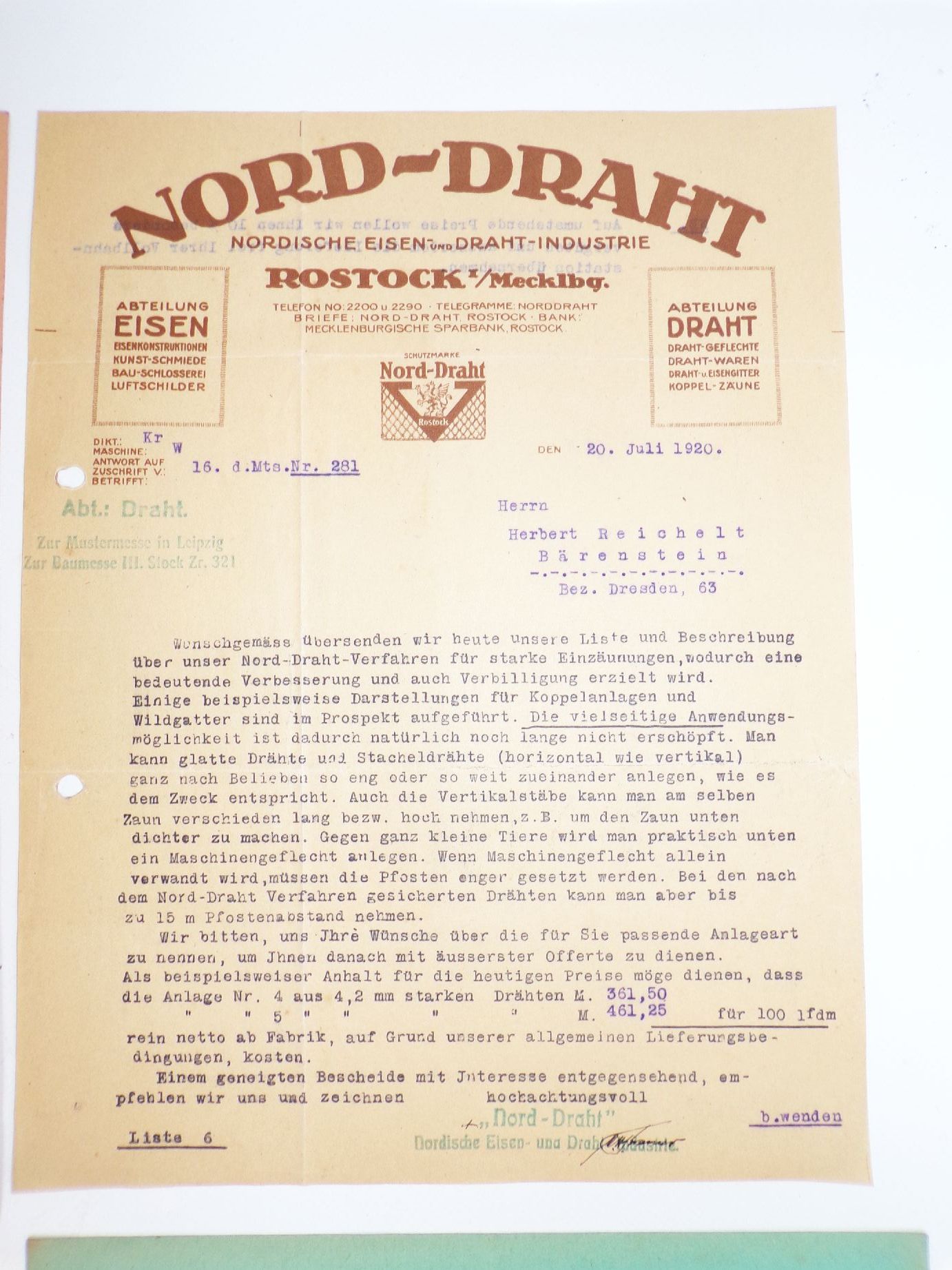 Rostock Nord Draht Eisen Industrie 1920 Papier Reklame 