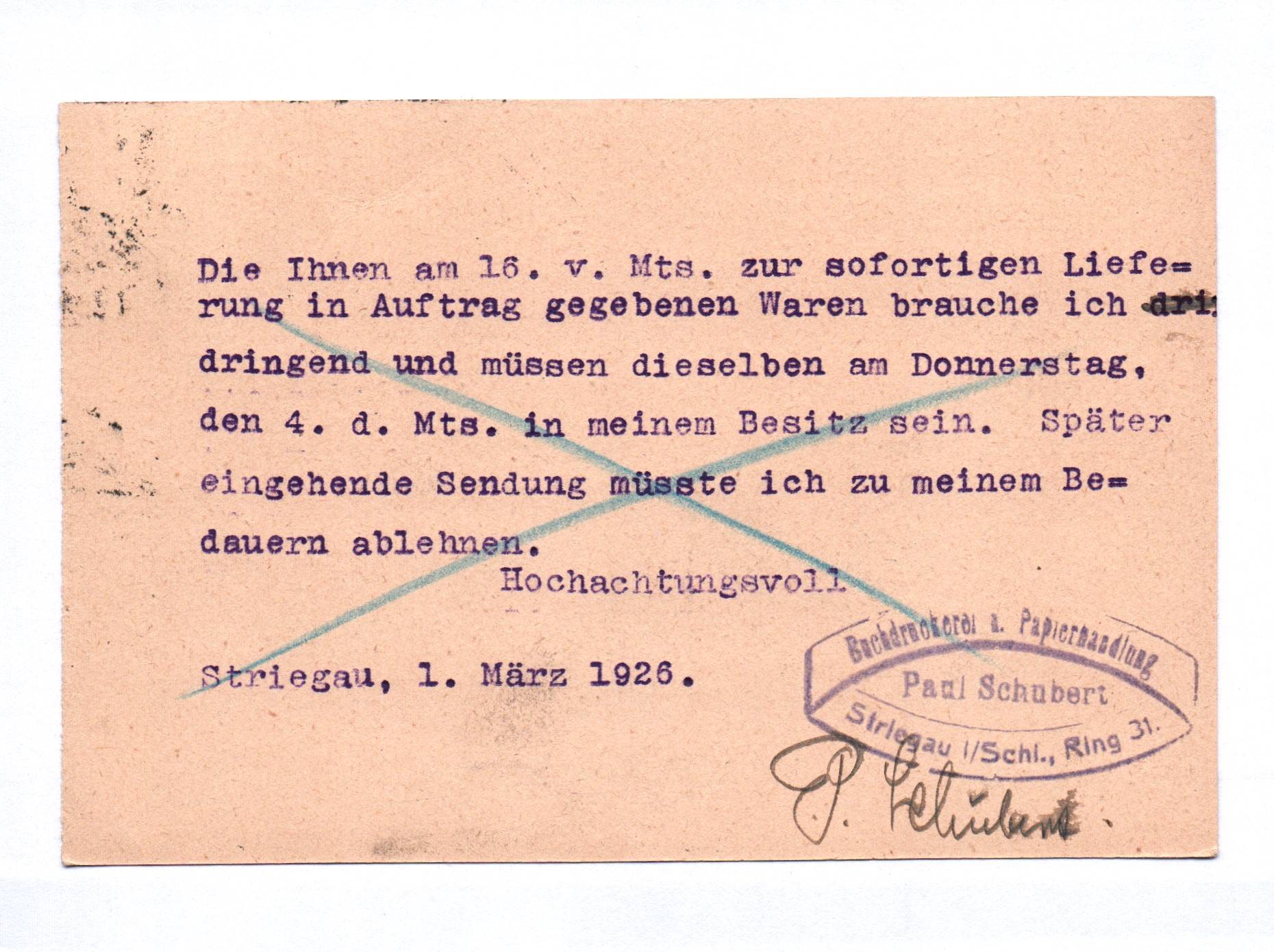 Postkarte Buchdruckerei Paul Schubert Striegau Schlesien Papierhandlung 1926 Postkarte Buchdruckerei Paul Schubert Striegau Schlesien Papierhandlung 1926