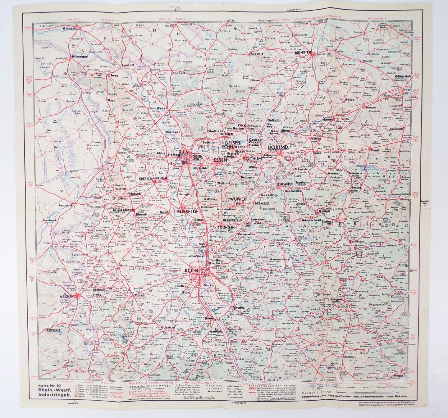 Shell Straßenkarte Rhein Westfalen Industriegebiet Ruhrzeche 1930 er Landkarte 