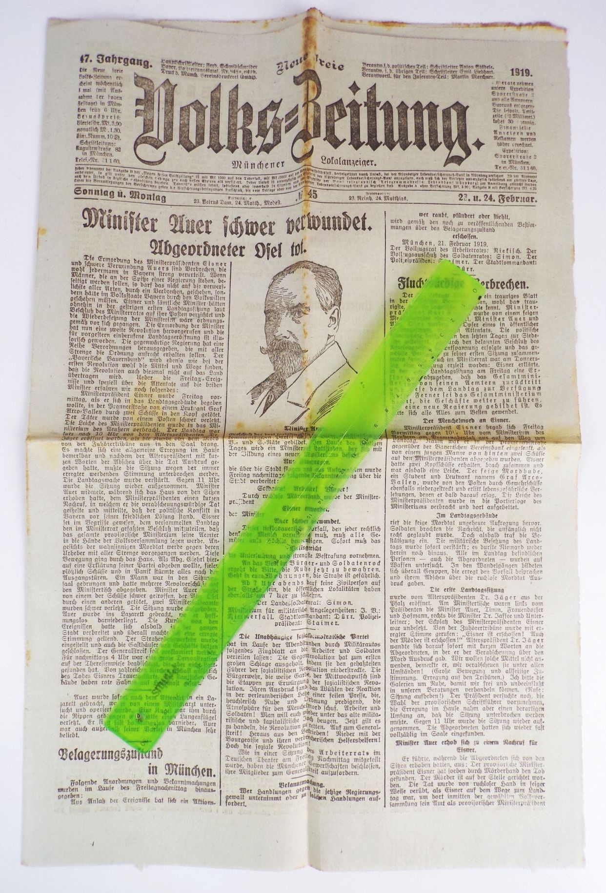 Volkszeitung 1919 Minister Auer schwer verwundet Osel tot Eisner ermordet 