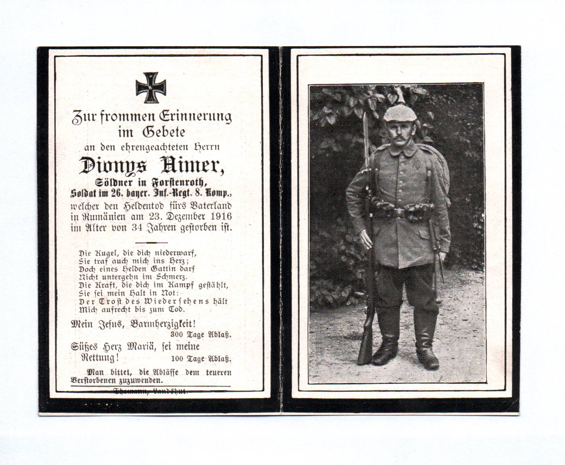 Sterbebild Soldat Forstenroth 1916 im 26 bayerischen Inf Regt 8 Kompanie