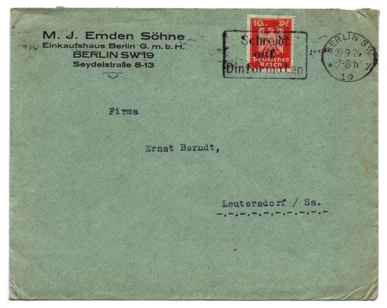 Brief MJ EMden Söhne Einkaufshaus Berlin 1926 Brief MJ EMden Söhne Einkaufshaus Berlin 1926