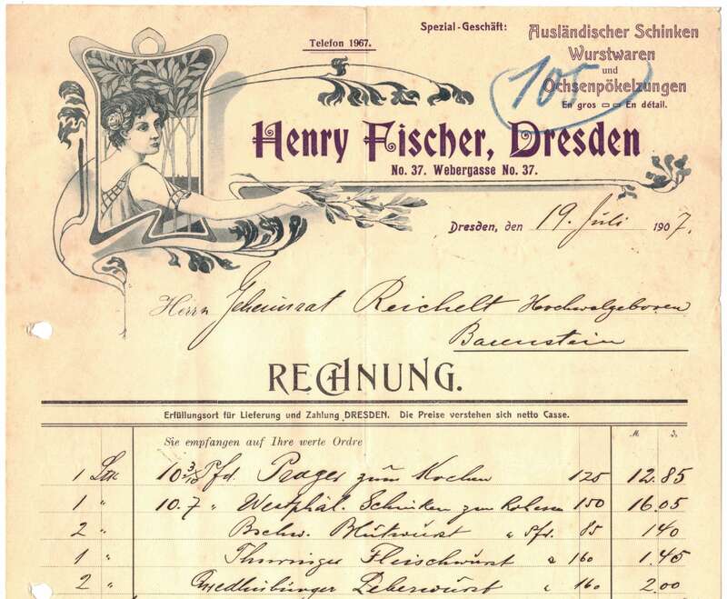 Jugendstil Litho Rechnung Henry Fischer Dresden Wurstwaren Fleischerei Metzgerei 1907 