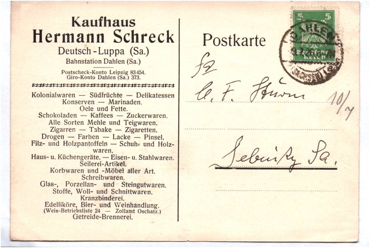 Deutsch Luppa Sachsen Kaufhaus Hermann Schreck 1926 Postkarte Deutsch Luppa Sachsen Kaufhaus Hermann Schreck 1926 Postkarte