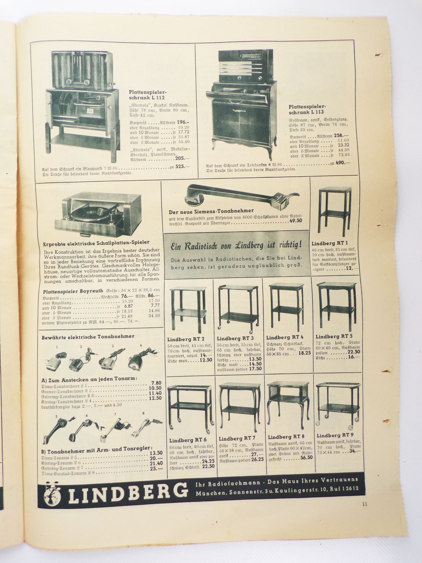 Katalog Lindberg München Radio Musikschrank Plattenspieler 1930er