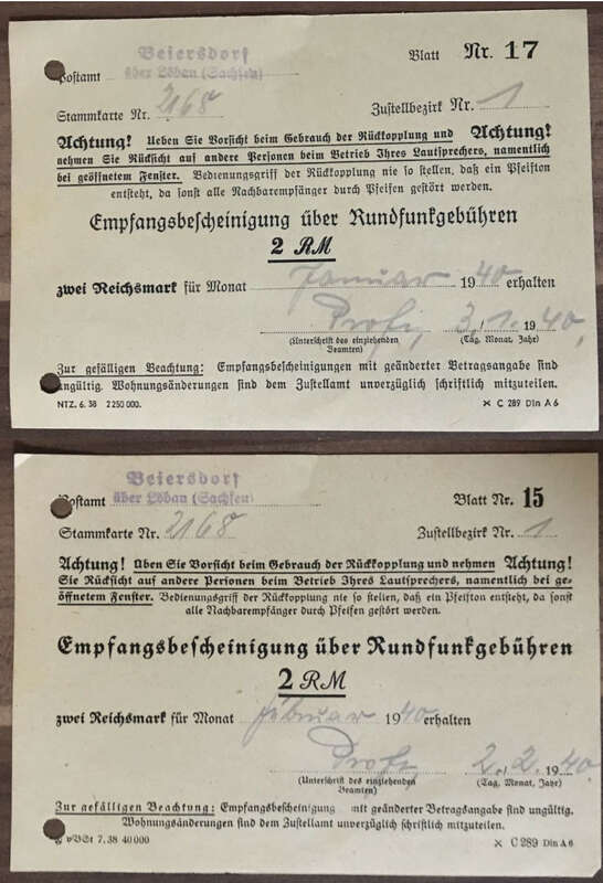 Empfangsbescheinigung über Rundfunkgebühren 2 Stück 1940 Beiersdorf