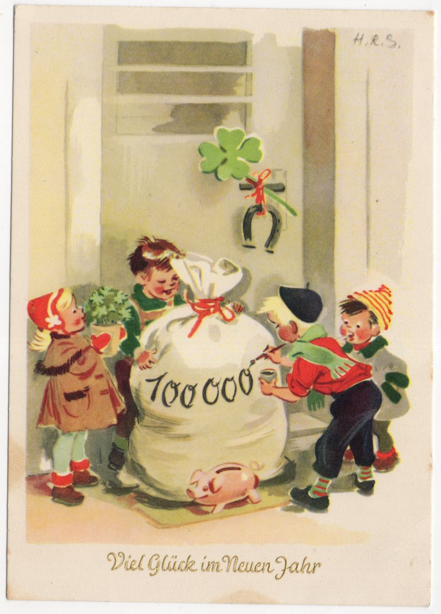 Ak Kinder mit Geldsack Hanna Roth Schaberschul Neujahr 1958