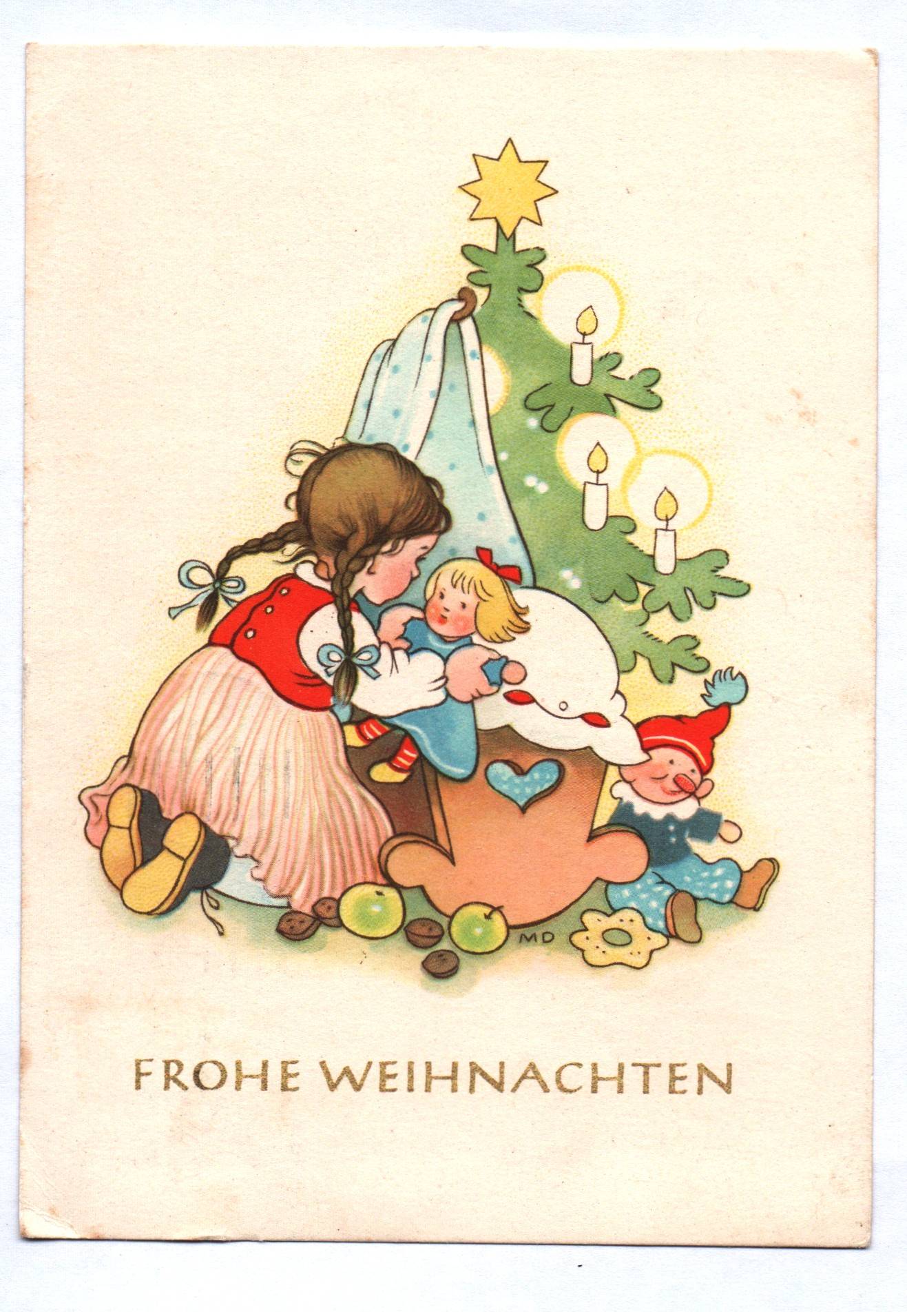 Künstler Ak Mädchen mit Puppe unterm Weihnachtsbaum Marianne Drechsel 
