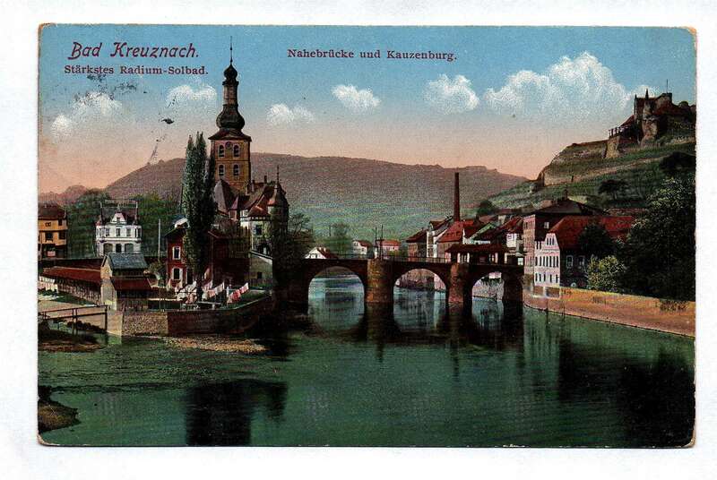 Ak Bad Kreuznach Stärkstes Radium Solbad Brücke und Kauzenburg 1915