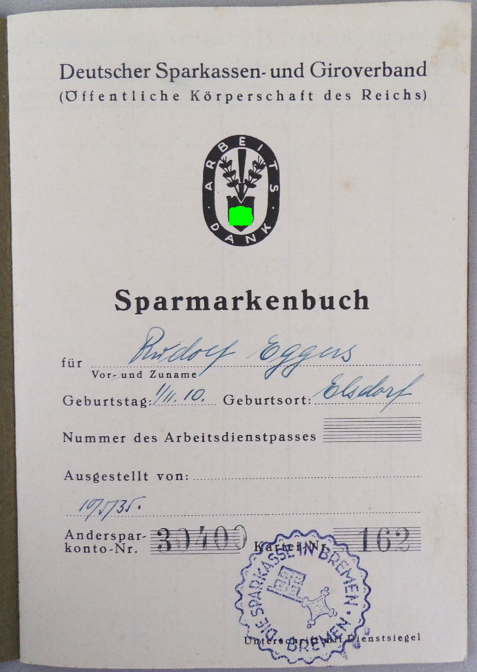 Sparmarkenbuch Bremen 1935 Sparkasse Arbeits Dank Drittes Reich Sparmarkenbuch Bremen 1935 Sparkasse Arbeits Dank Drittes Reich