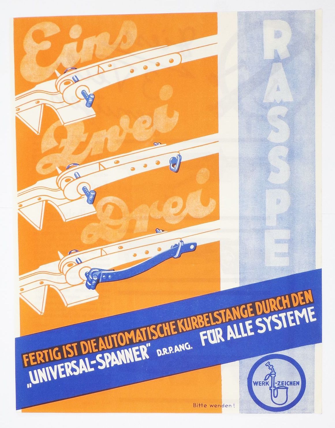 Werbe Druck Universal Spanner Rasspe Balkenmäher 1930er 