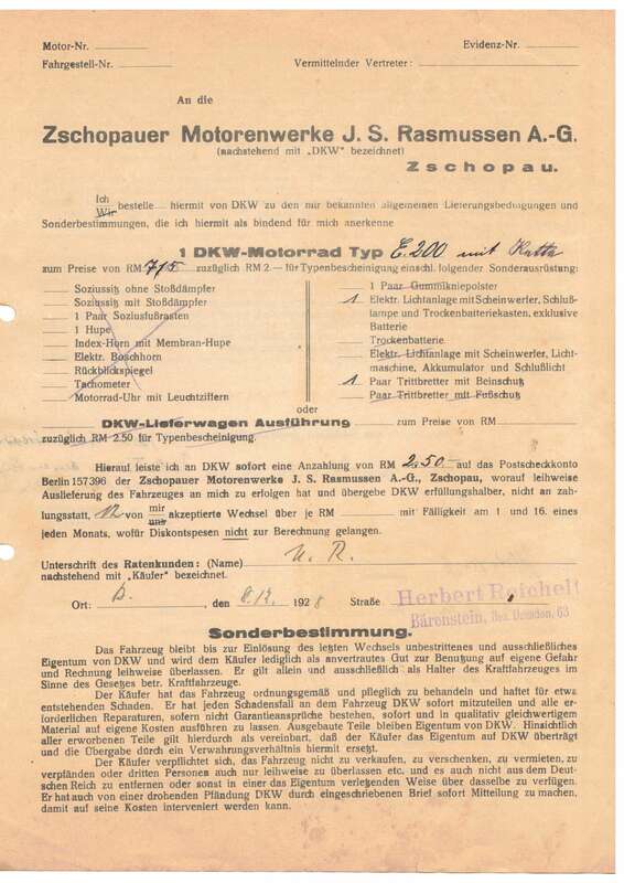 Bestellung DKW E200 mit Kette Motorrad 1928 Bärenstein Zschopau Motorenwerk Rasmussen 