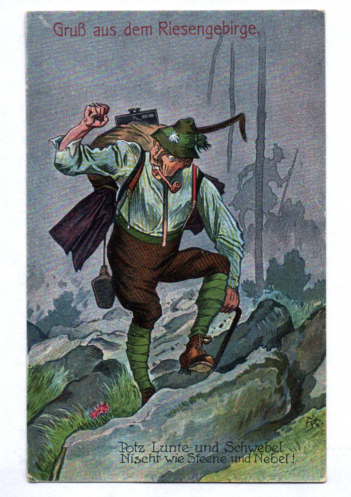 Ak Gruß aus dem Riesengebirge grimmiger Wanderer Humor Scherz Schlesien