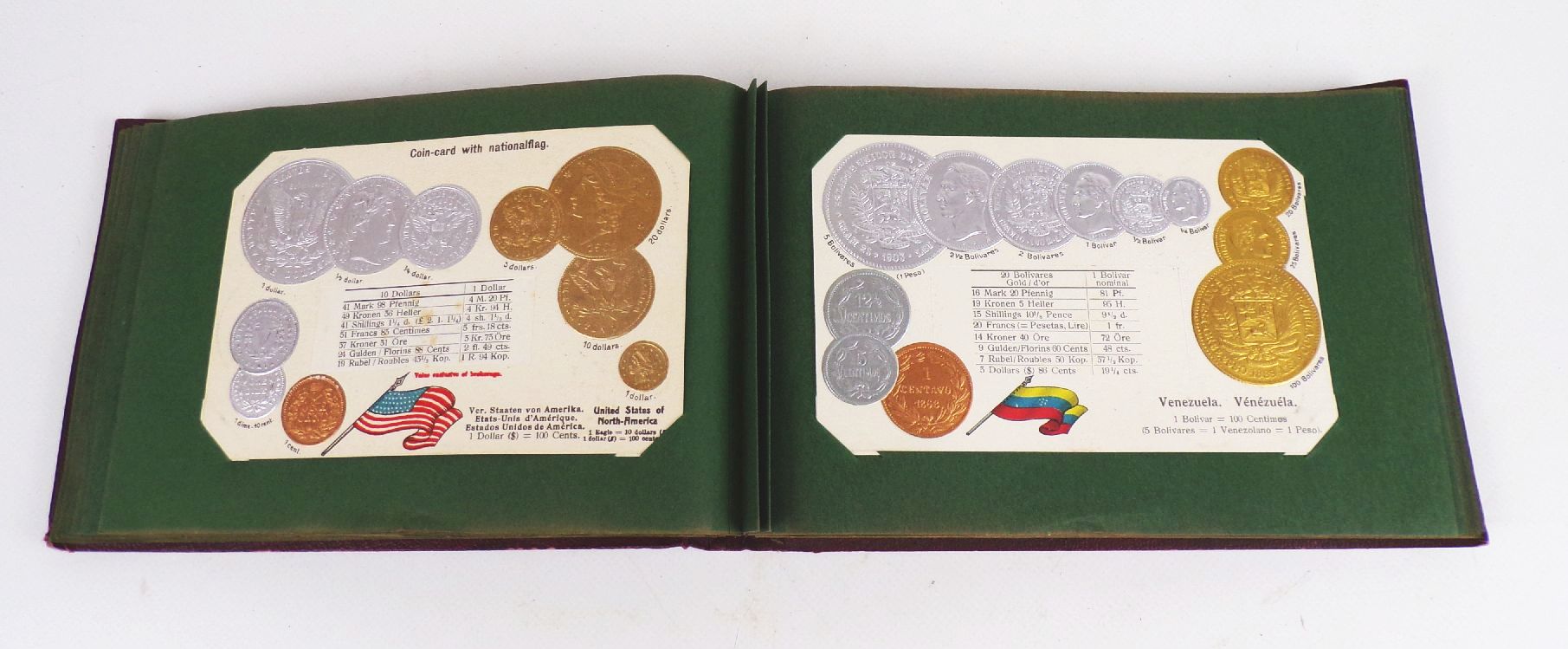Geldsorten aller Länder Postkartenalbum Geld Münz Ansichtskarten um 1910 Rarität 45 Präge Ansichtskarten