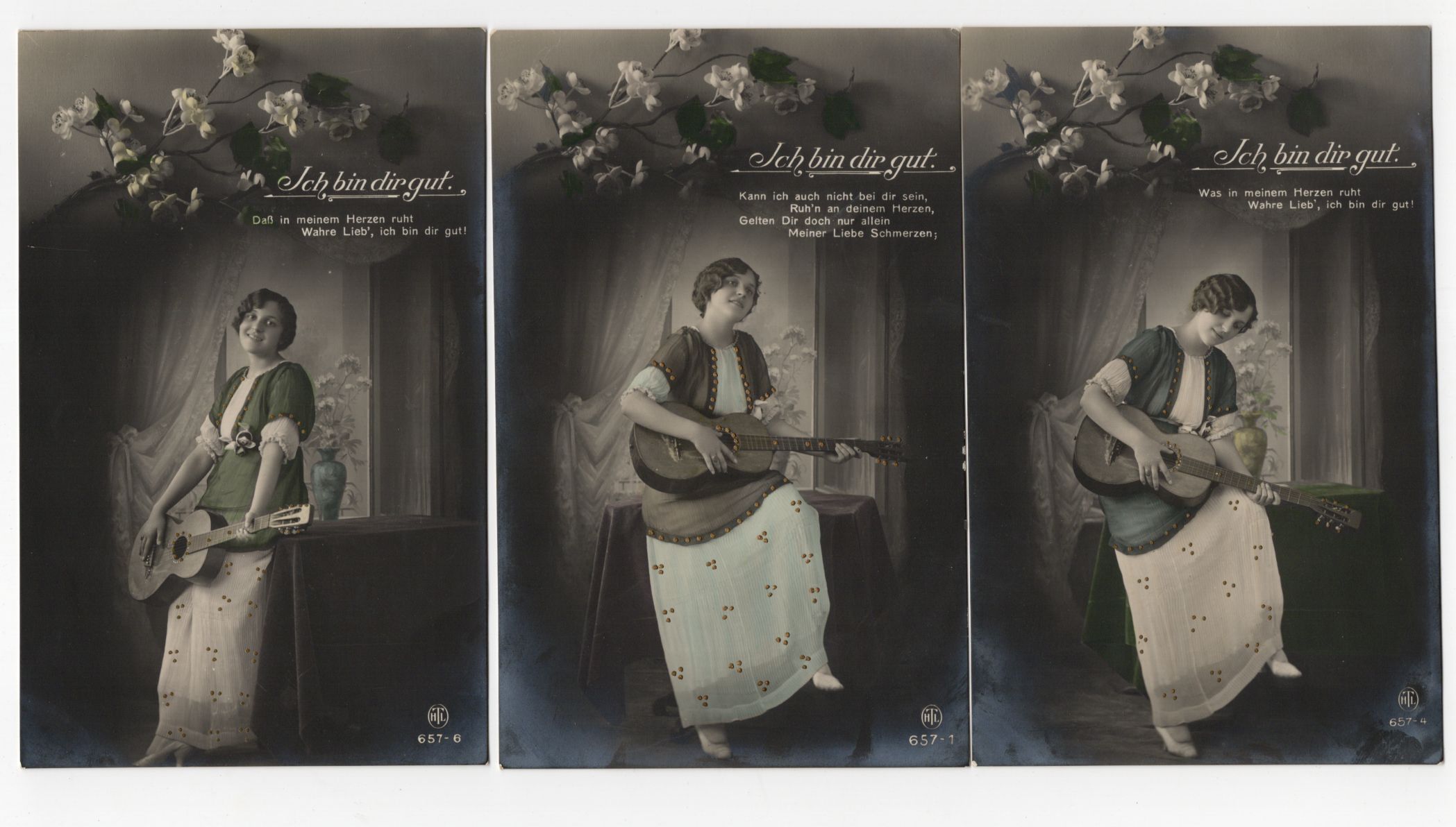 Kitsch Ak Frau mit Gitarre Ich bin dir gut 1 Wk Serie 6 Stück