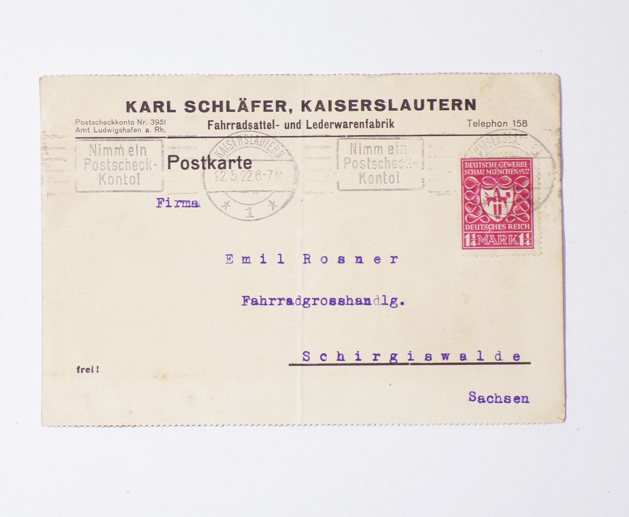Postkarte Kaiserslautern Karl Schläfer Fahrradsattel u Lederwarenfabrik 1922 