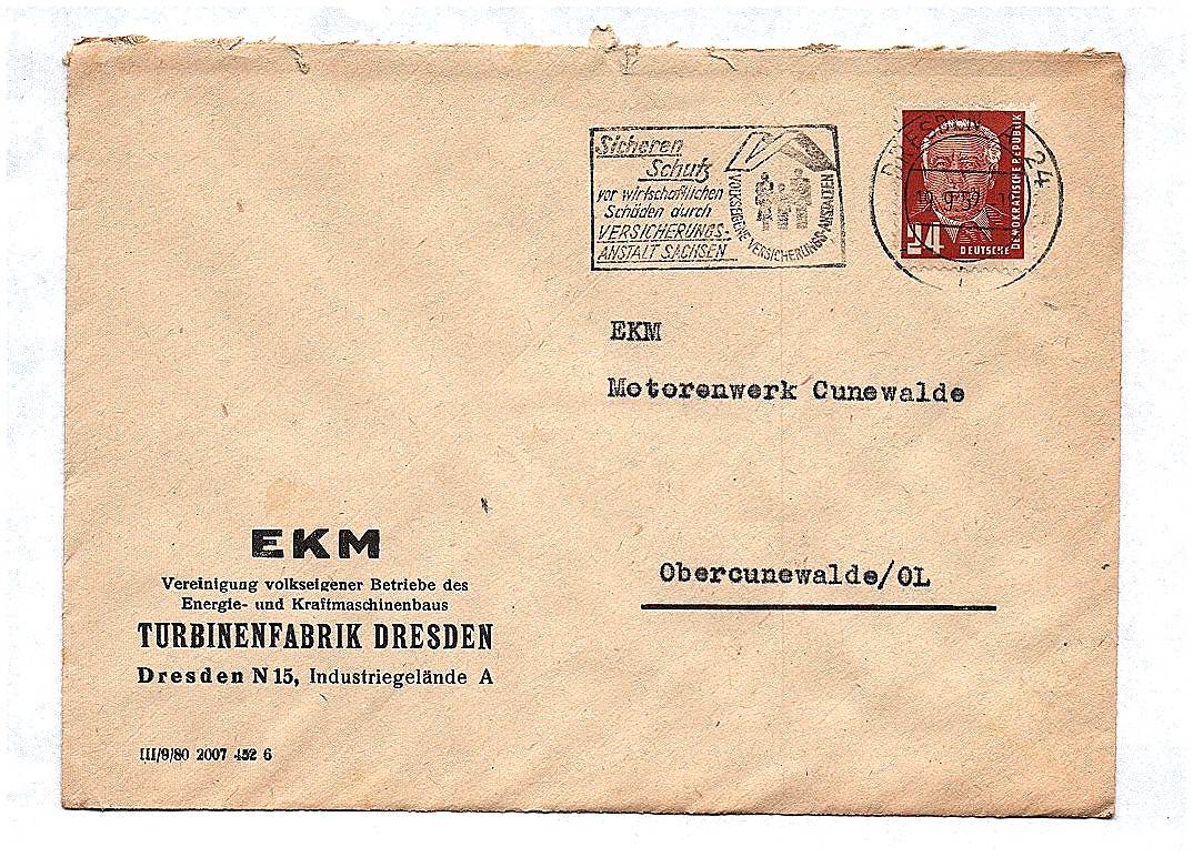 Briefkuvert ca 1959 DDR EKM Turbinenfabrik Dresden
