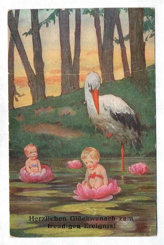 Motivkarte Alte Postkarte Herzlichen Glückwunsch zum freudigen Ereignis Glückwunschkarte Geburt Kind Künstlerkarte