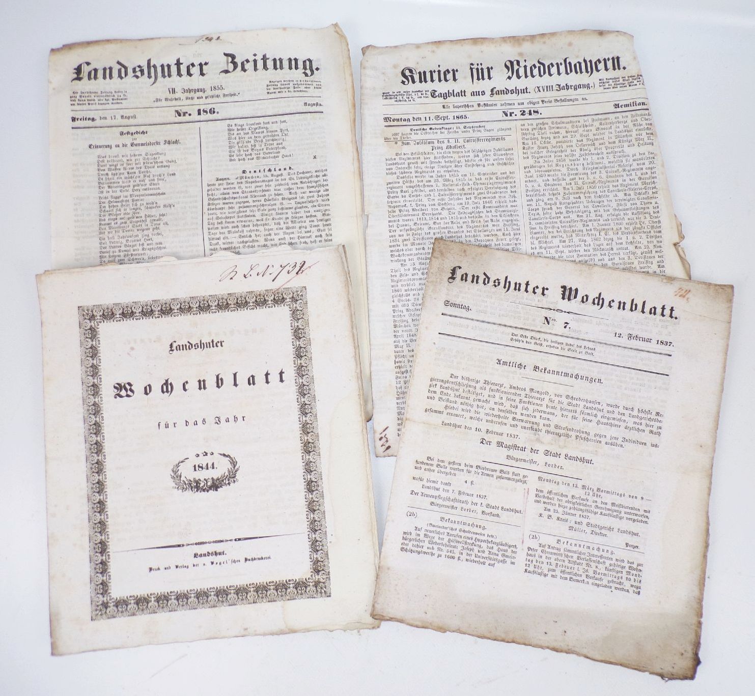 Alte Landshut Zeitungen Wochenblatt 1837 1844 1855 1865 