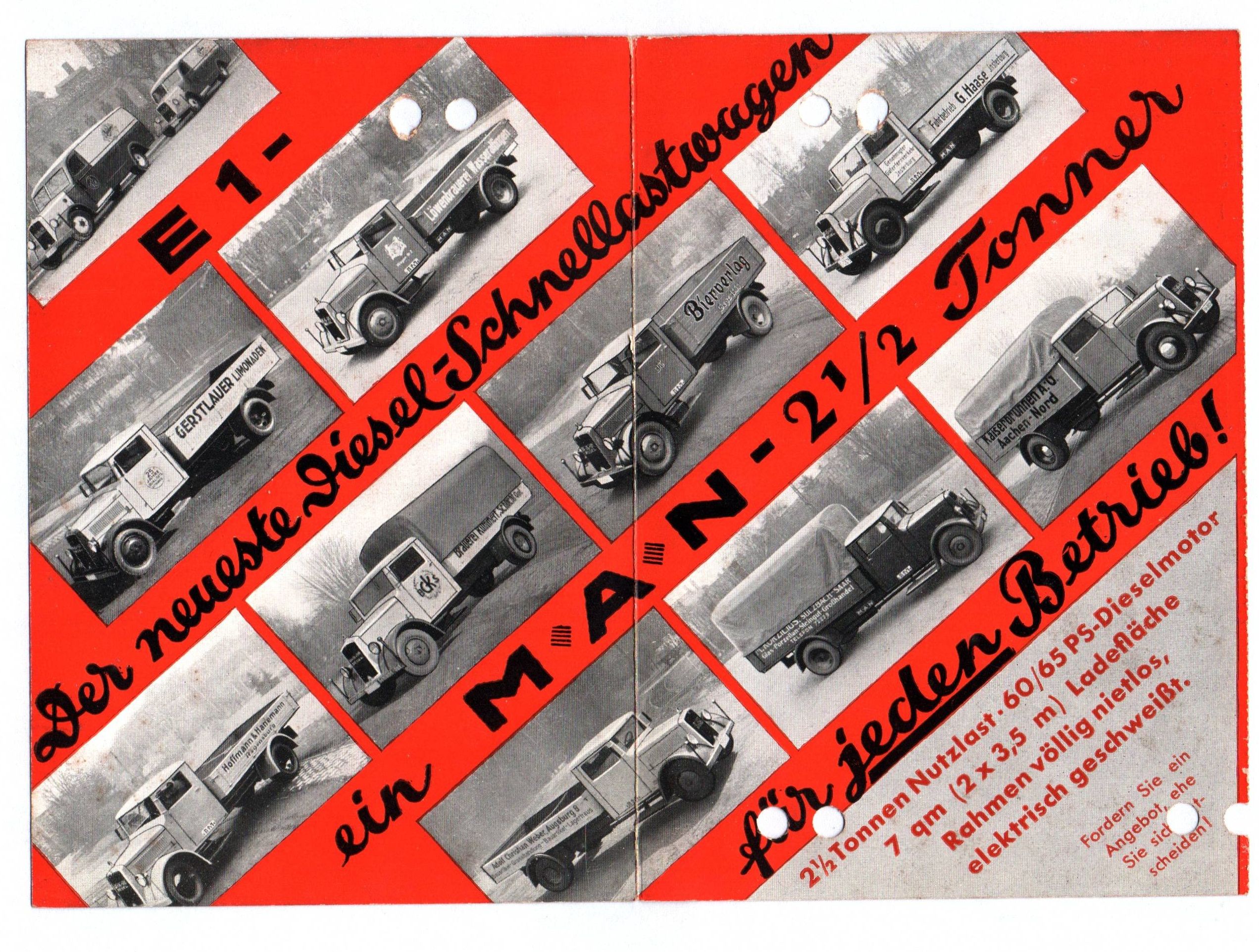 MAN Drucksache E1 der neueste Diesel Lastwagen 1935 Reklame MAN Drucksache E1 der neueste Diesel Lastwagen 1935 Reklame