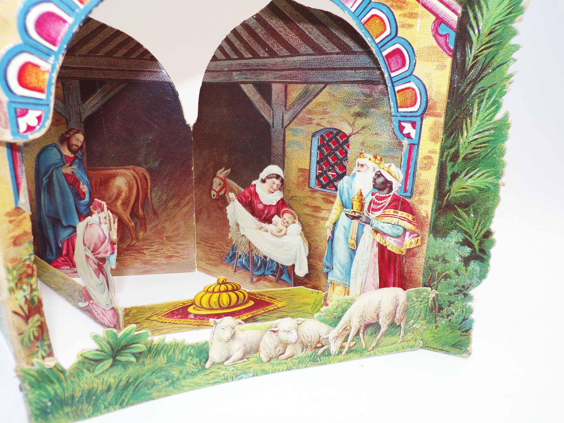 Alte Weihnachtskrippe Antik Aufstellkrippe aus Papier 3 D Weihnachtsschmuck Kopie