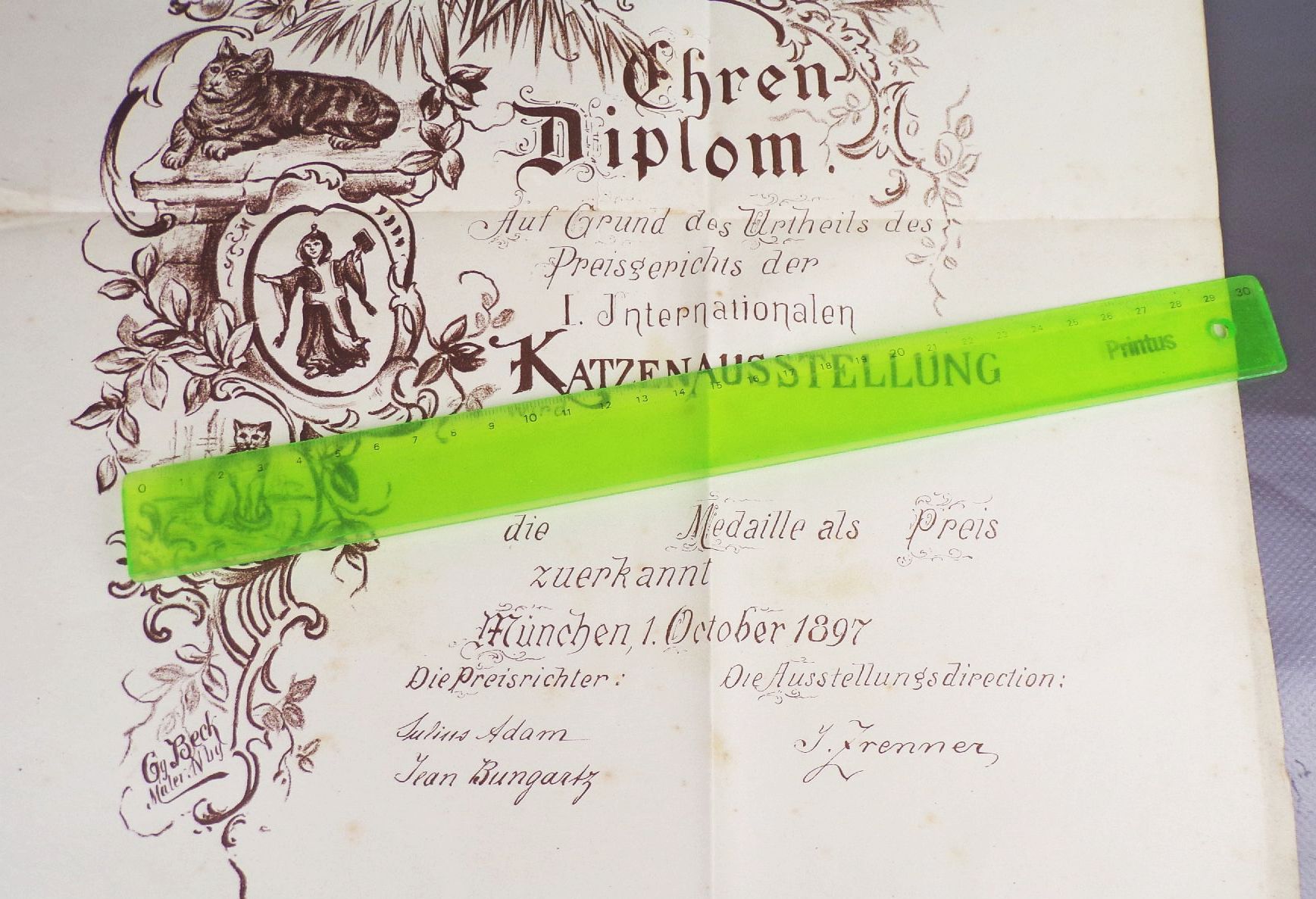 Ehrendiplom Urkunde Katzen Ausstellung München 1897 Ehrendiplom Urkunde Katzen Ausstellung München 1897