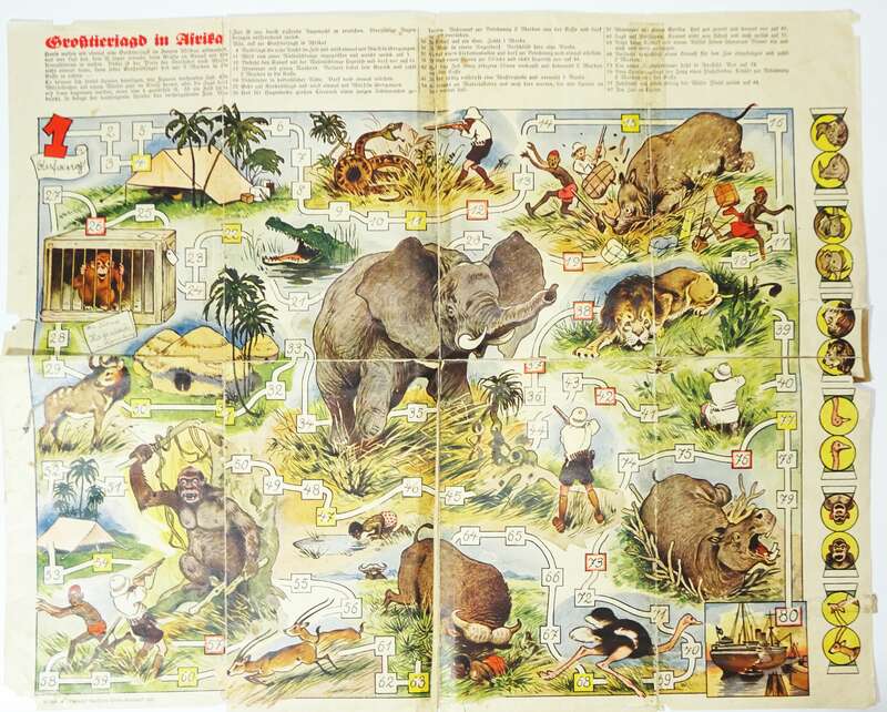 Großtierjagd in Afrika 1937 Beilage Auerbach Kinderkalender Spielbrett 