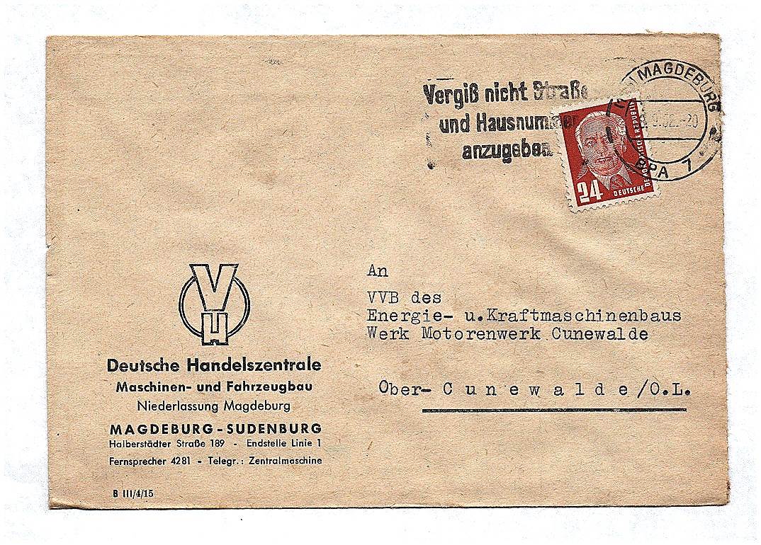 VVB des Energie und Kraftmaschinenbaus Werk Cunewalde Brief DDR 1952