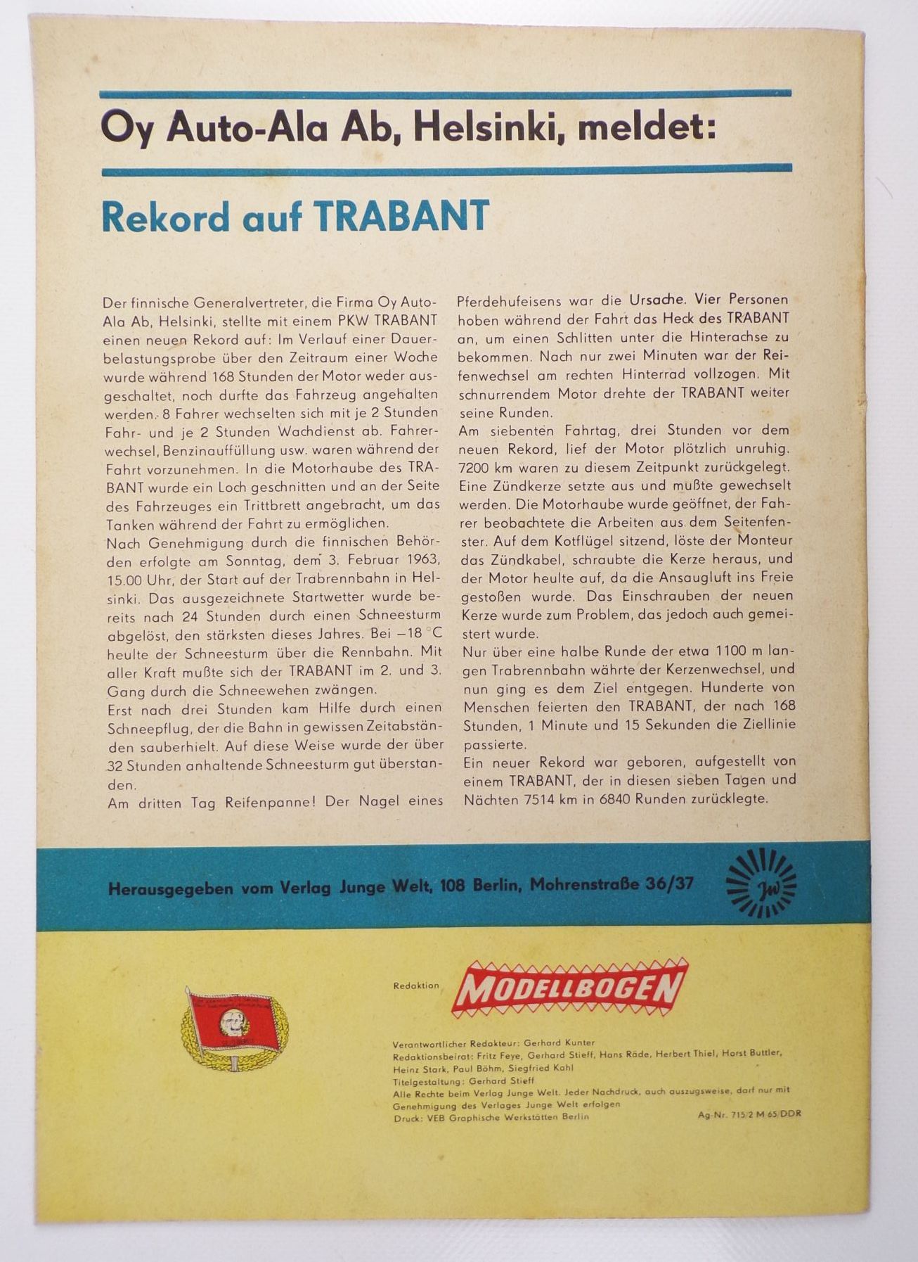 Kranich Modellbogen Trabant 601 DDR 1965 Junge Welt 