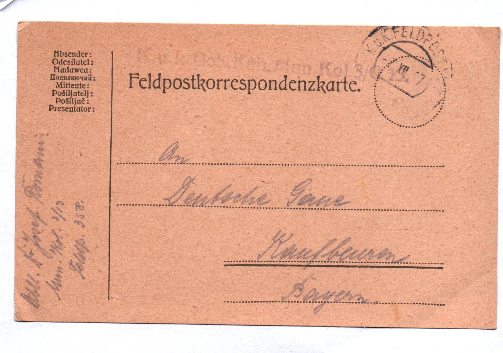 KuK Feldpostkarte Gebirgs Kanonier Munition Kolonne 3 