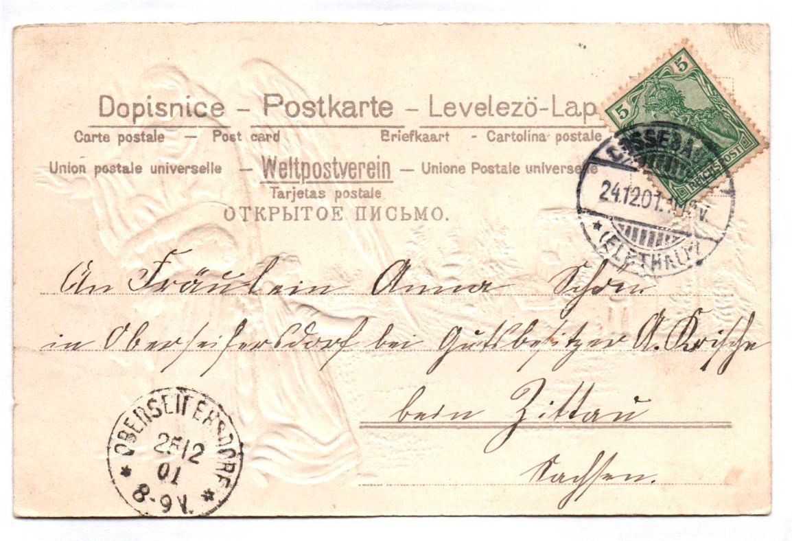 Litho Ak Engel vor Kirche mit Seide geprägt Fröhliche Weihnachten