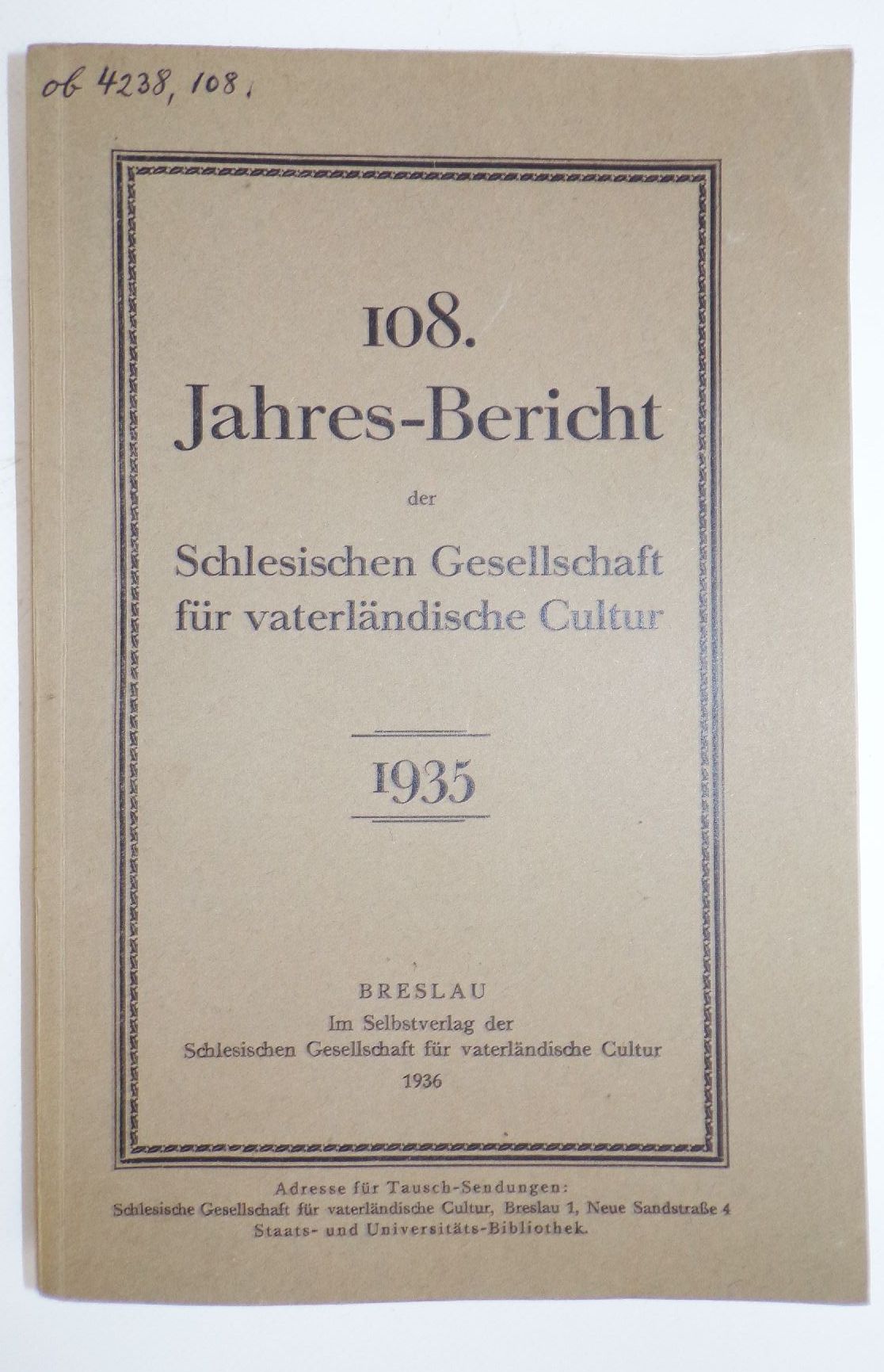 Schlesische Gesellschaft für vaterländische Cultur 1922 bis 1941 