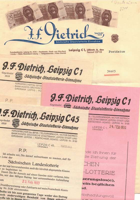 Konvolut Sächsisches Lotterielose Dietrich Leipzig C1 1933 Litho Briefkopf
