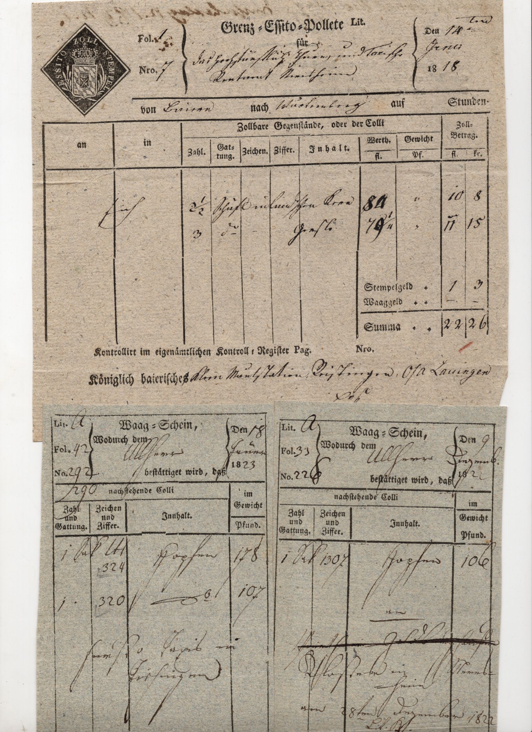 Grenze Dokument Bayern 1818 Zoll Gegenstände Essito 2 Waagscheine 